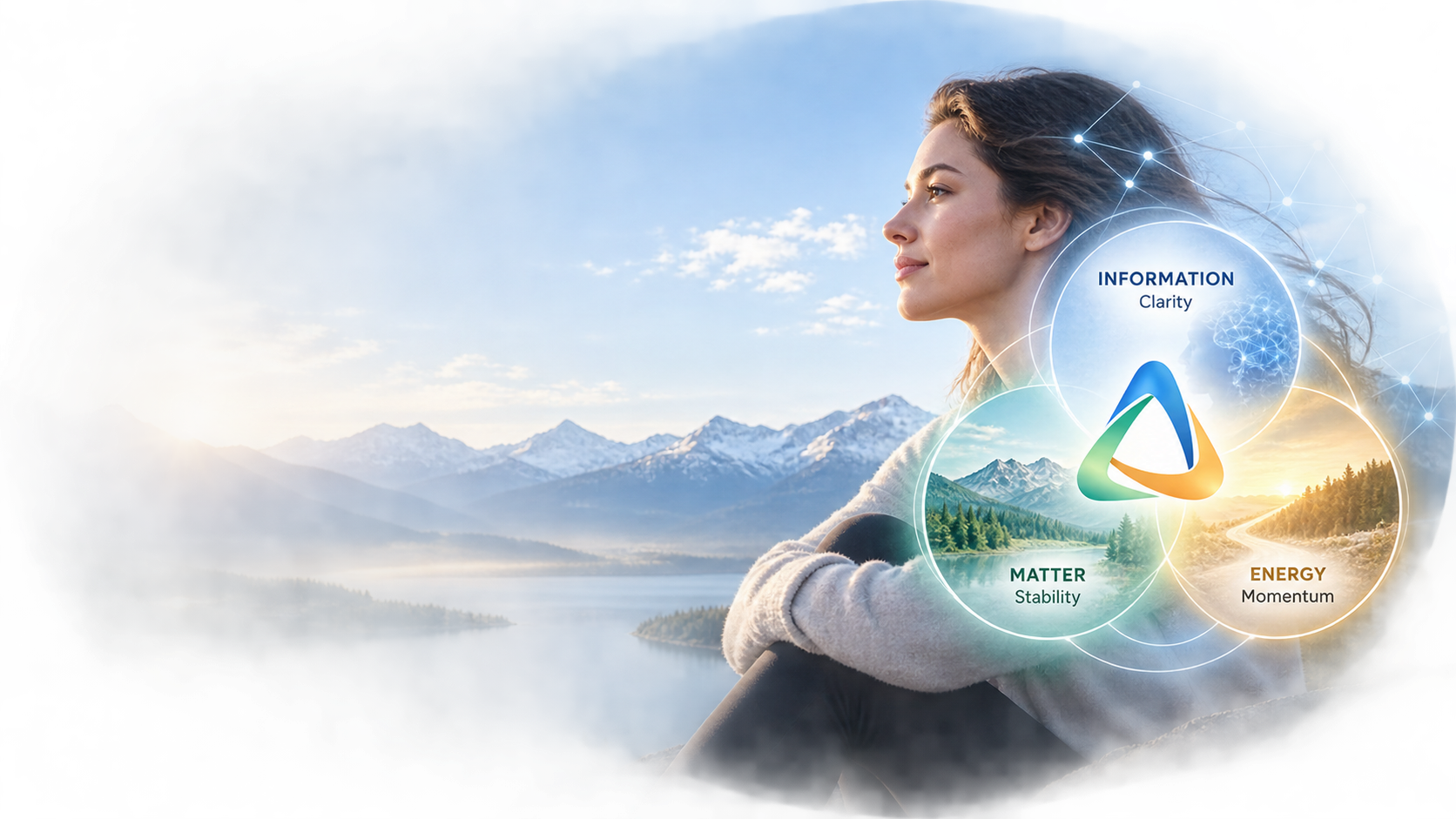 A woman looking toward a bright mountain lake, with the Triadic Flow symbol and three interconnected circles — Information (Clarity), Matter (Stability) and Energy (Momentum)