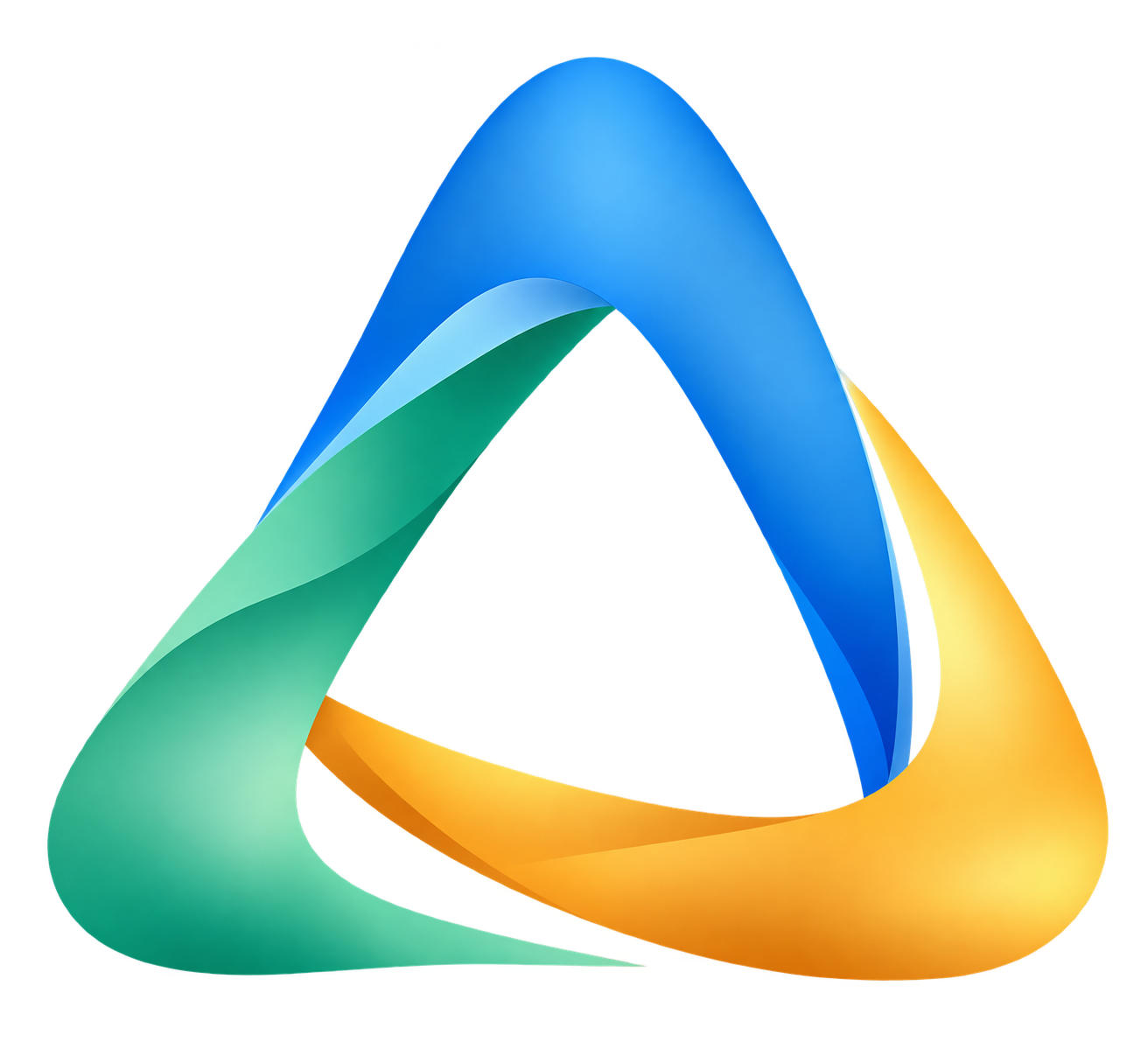 Triadic Flow — three interwoven forms in blue, green and gold
